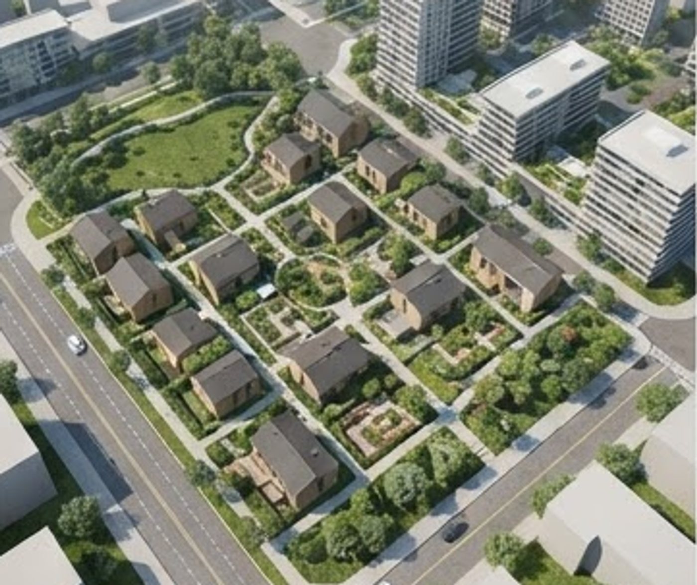 Aerial study of modular homes grouped along a landscaped street