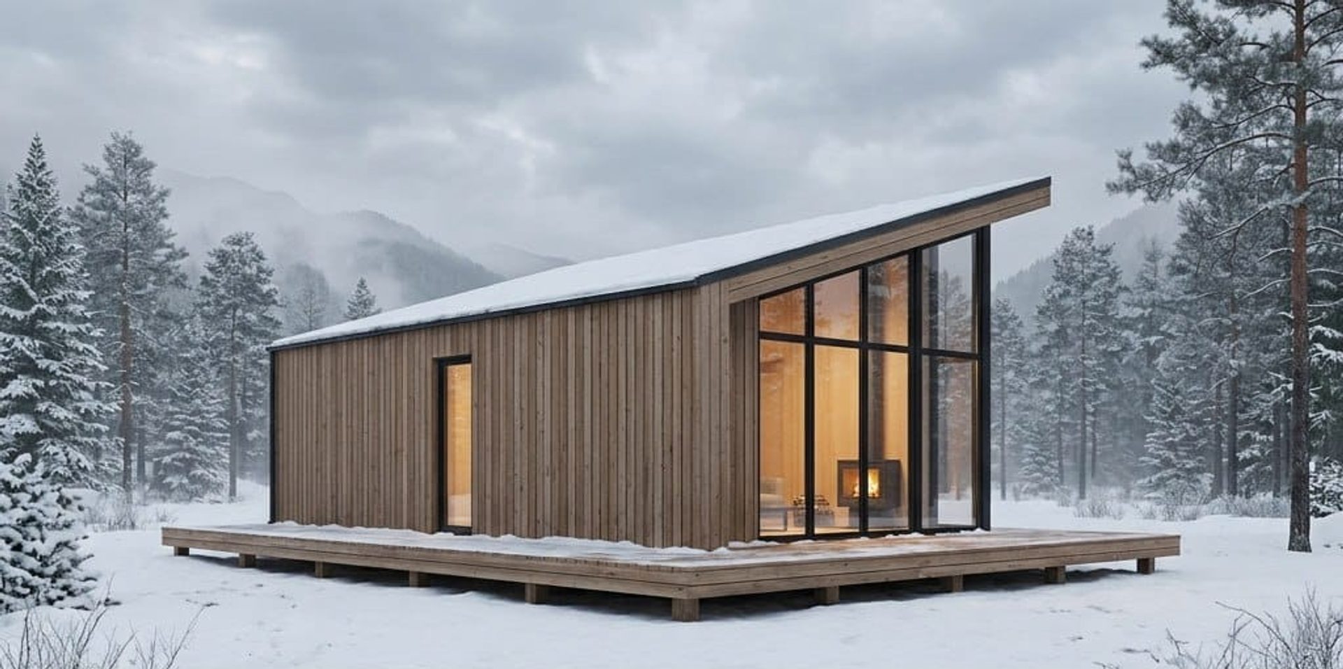 Long timber cabin on a wooden platform in snow, with a black-framed glass wall